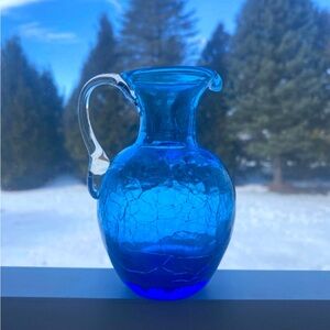 Vintage Blue Crackle Glass Hand Blown Pitcher, 4.25” Tall